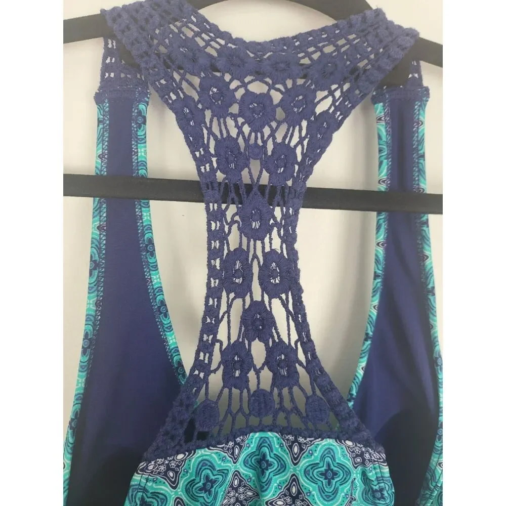 Beach Bump By‎ Motherhood Maternity Swim Top S Womens Blue Halter Crochet Padded